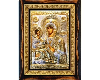 Virgin Mary of the three hands - Mother of God of “the Three Hands” Handmade wood icon on plaque Orthodox , Catholic, Roman Art