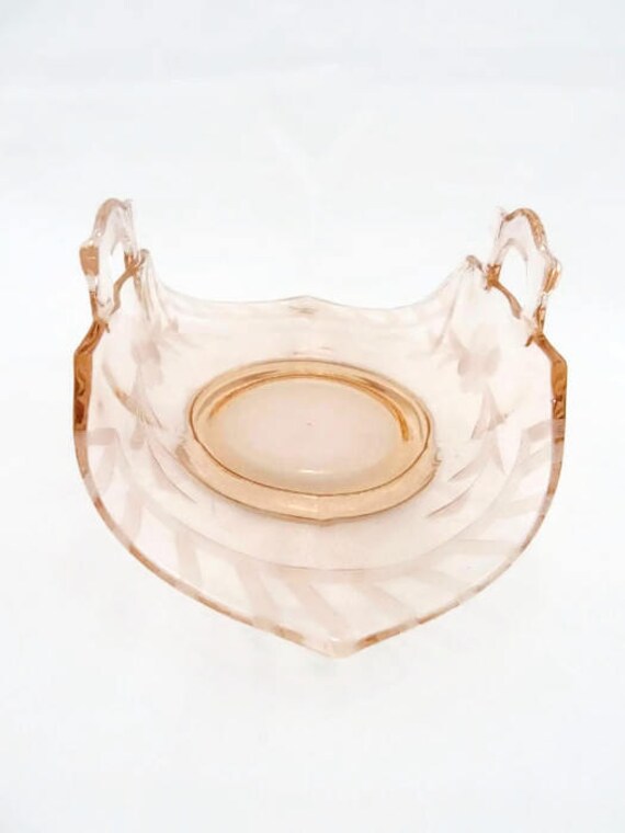 Vintage Pink Glass Basket with Etched Flowers Pink Depression