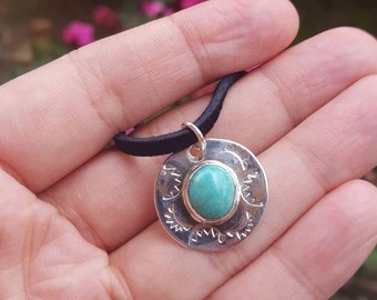 Turquoise and Hand Stamped Sterling Silver Pendant