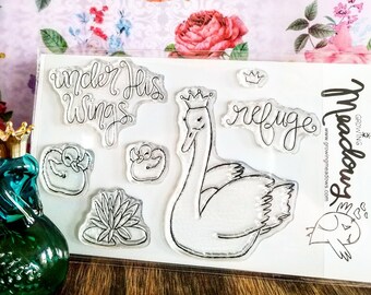 Under His Wings Stamp Set Clear refuge feathers swan crown princess baby Christian Art Worship Bible Journaling Growing Meadows Tai Bender