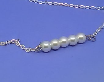 Custom Made Pearl Bar Pendant, Silver Necklace, 18" Chain, (Option: Swarovski Crystal, Birthstone), Handmade Personalized Jewelry
