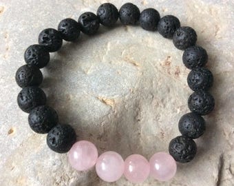 GIFT IDEA!Lava bead essential oil diffuser bracelet for aromatherapy - 8 mm lava stone beads with rose quartz beads