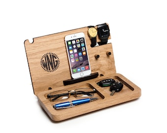 Gift for him, Iphone docking station, personalized exclusive Monogram, gift for boyfriend, mens eye and wallet dock, mens desk organizer