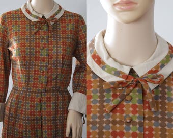 SALE - Cute 60s Minx Modes Brown/Green/Blue Dotted Dress