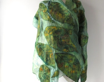 Nuno Felted scarf Green leaf scarf green leaves silk scarf Summer women scarf by Galafilc gift for her outdoors gift galafilc