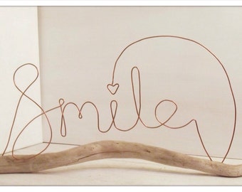 Wire word art. Smile, driftwood and wire word art. Inspirational quote. Wire sculpture. Driftwood art. Heart sculpture.