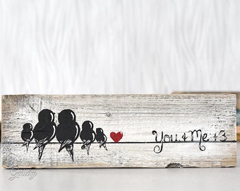 Bird Family Wood Sign 5th Anniversary Gift Rustic Wood Signs Reclaimed Wood Art Love Bird Painting Bird on a Wire Art Family of Five 5 Gift