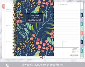 personalized planner 2018 & 2019 calendar | add monthly tabs custom weekly student planner | planner agenda | navy watercolor floral