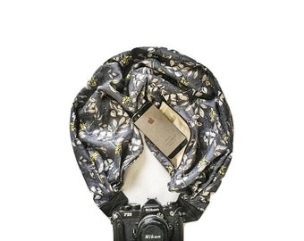 Gray and Yellow Floral Camera Strap with Lens Pocket - The Original Camera Scarf Strap With Hidden Pocket
