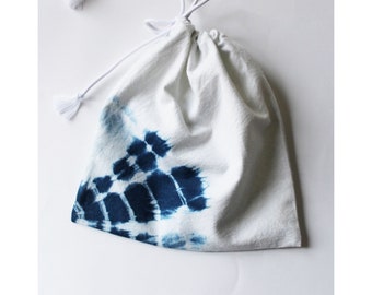 Drawstring bag, Pouch, Tie dye, Jewellery storage, Shibori, Toiletry storage, Organic, Blue, White, Bits and bobs, Natural dye, Make up bag