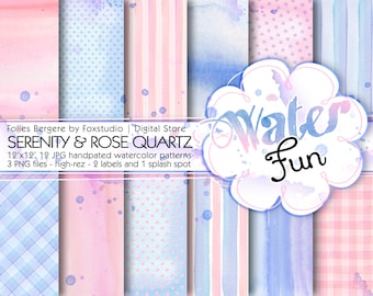 Watercolor Digital Paper Pack Rose Quartz and Serenity Backgrounds Printable Patterns Pantone 2016 Hand Painted Paper Watercolor Clip art