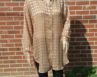 Vtg. 1990's Gold Semi-Sheer Button-Down Long Sleeve Lightweight Blouse. Metallic Checks Pattern. Size L/XL. Career/Glam/Oversized/Casual Top