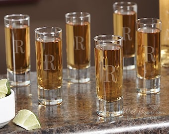 Tall Personalized Shot Glasses, Set of Six - Shot Glass Set Custom Engraved with Initial, Great for Housewarming Gift, Wedding, Graduation