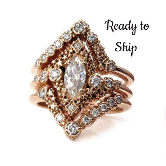 Ready to Ship Size 6 - 8 Stardust Marquise Constellation Engagement Ring Set - with Matching Stacking Diamond Chevrons 14k Rose Gold