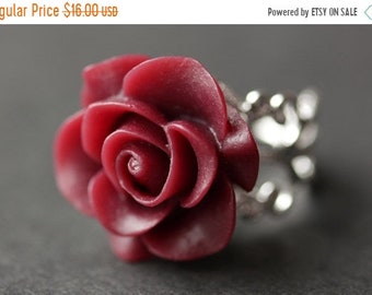 SUMMER SALE Maroon Rose Ring. Dark Red Flower Ring. Gold Ring. Silver Ring. Bronze Ring. Copper Ring. Adjustable Ring. Handmade Jewelry.