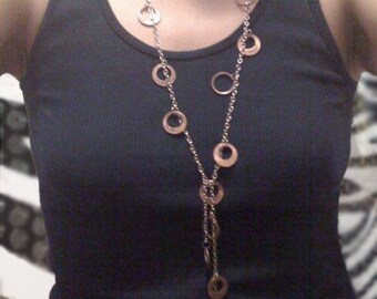 Penny Necklace, Long Ring Cut Pennies on Silver Plated Chain Connect at Bust Line w/ Belly Length Dangle, Handmade Lucky Penny Coin Jewelry