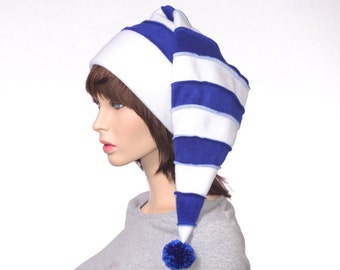 Adult Stocking Cap Long Blue and White Stripe with Pompom Tip Festive Holiday Hat Mens Womens Long Beanie Hat Warm Winter Elf Hat