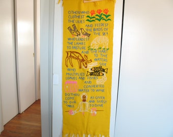 Vintage Jesus Prayer crewel / Oh Thou who clothest the lilies / 1970s textile religious wall hanging / colorful religious