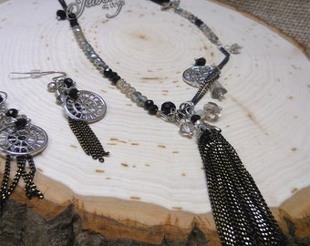 Beaded Extra Long Lariat Tassel Necklace & Earring Set