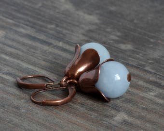 Small copper earrings with jade in pastel blue