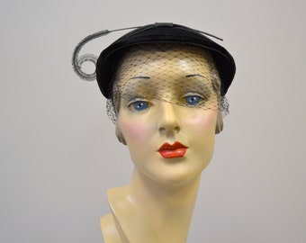 1950s May Co. Black Velvet and Feather Hat