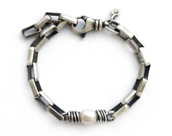 Sterling Silver Box Chain With Pearl Bracelet Swivel Clasp Adjustable