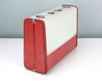 Vintage Red Tweed Suitcase, Tweed Suitcase, Old Suitcase, Antique Luggage, Photo Props, Movie Props