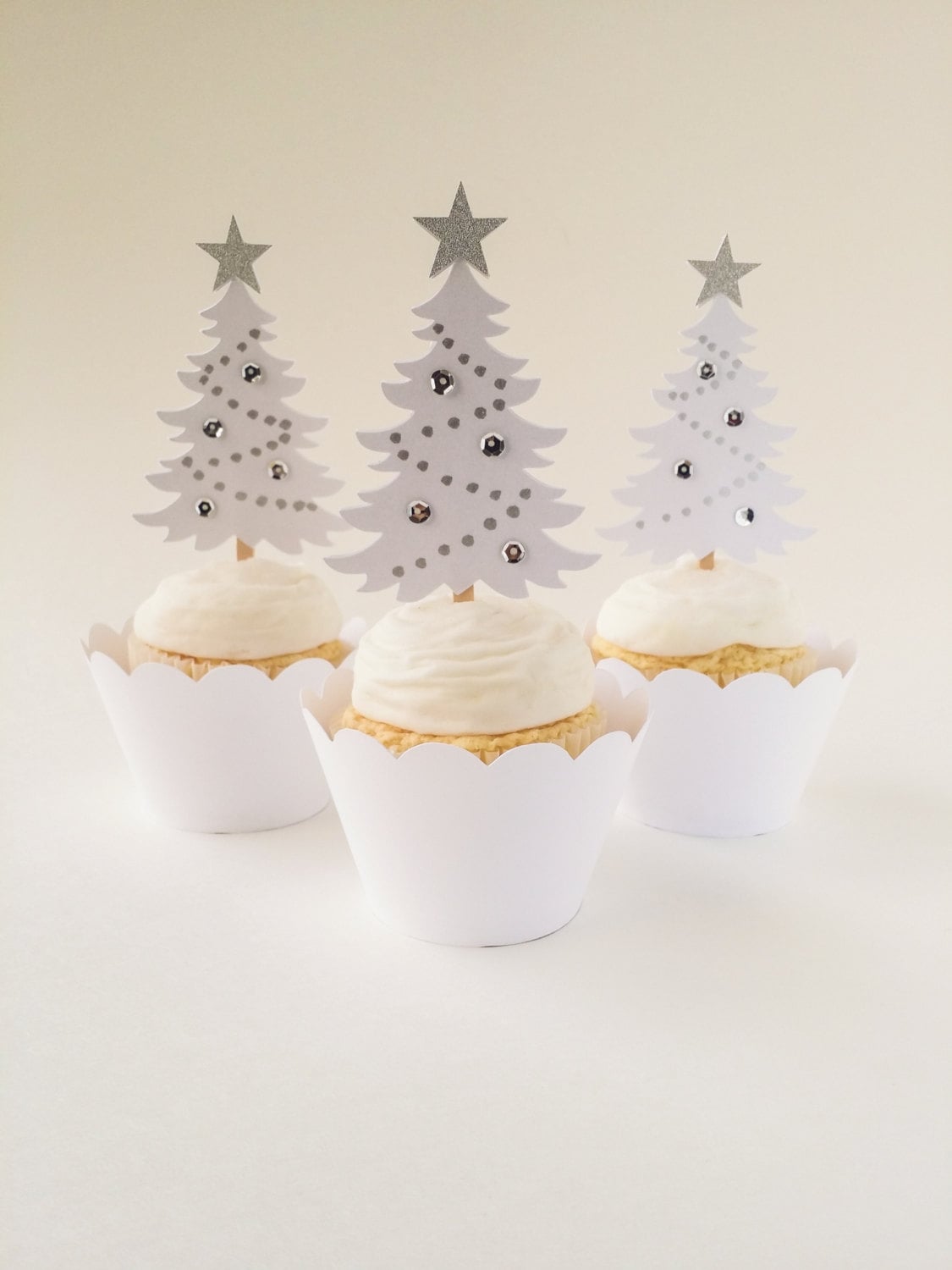 Christmas Tree Cupcake Toppers Pearl White/Silver