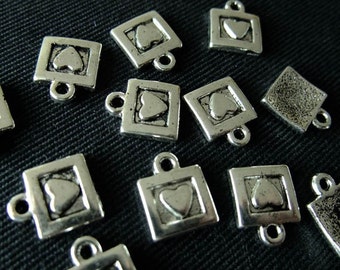 Destash (12) Tiny Square Heart Charms - for pendants, jewelry making, crafts, scrapbooking