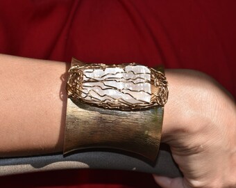 Gold Cuff With Wire-Wrapped Selenite Crystals