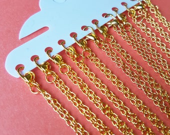 12 x Gold Plated Cable Chains with Lobster Clasp - 18" / 45cm - Bulk Wholesale Necklace Chains