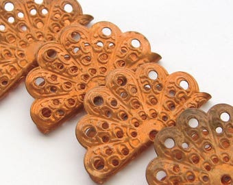 4 Vintage Aged Copper Filigree Beadable Findings, 38 mm, Sturdy Stamping Folded Fan Pierced Open Work Copper Pierced Metal, Bead Destash