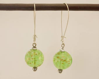 Earrings silver and white and gold sequined green glass bead