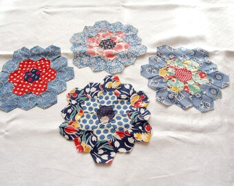 4 Hand Pieced Antique Quilt Blocks 1920s 1930s Grandmothers Flower Garden