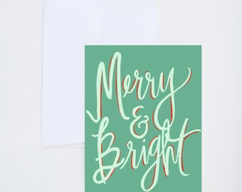 Holiday Greeting Cards - Merry & Bright - Mint and Turquoise Lettering - Single A-2 Card