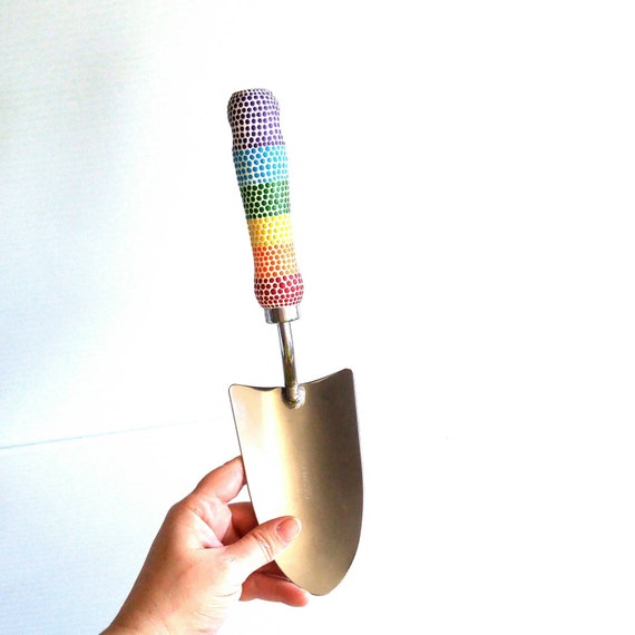 Rainbow Hand painted handle on Garden Trowel dot painted handle Garden lover tools