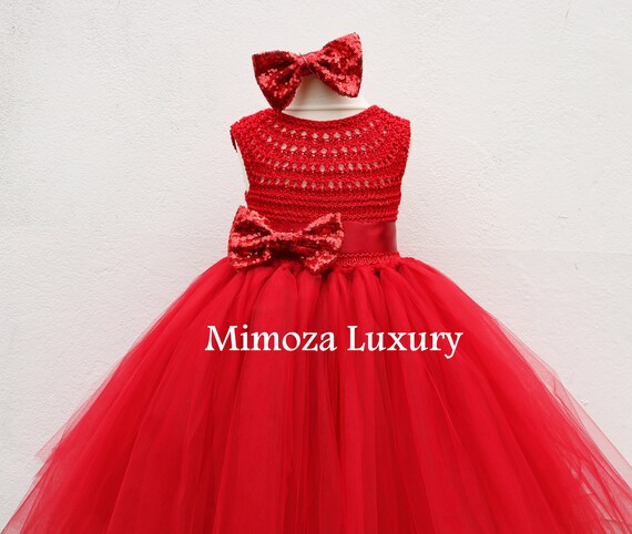 Red Flower girl dress, red tutu dress, red bridesmaid dress, red princess dress, crochet top tulle dress, hand knit tutu dress in red