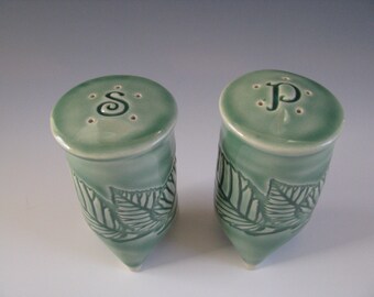 Handmade Ceramic Textured Salt and Pepper Shakers Green Pottery