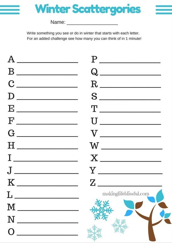 Items similar to Winter Scattergories Printable Game and Christmas