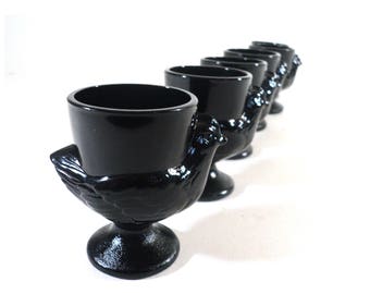 6 French Vintage Black Opaline Chicken Egg Cups