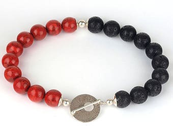 Red coral necklace, Black lava necklace, Coral bold necklace, Lava chunky necklace, Silver necklace, Red necklace, Red black necklace