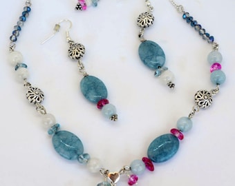 Aquamarine Necklace, Aquamarine Pendant, Aquamarine Earrings, Moonstone Necklace, Gemstone Necklace Earrings Set, OOAK Necklace, 94