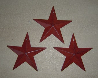 Primitive Tin Metal Barn Star Ornament Ornie Set/3 Burgandy 5 1/2" Craft Supplies