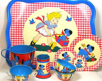 50's Tin Toy Tea Set, Polka Dot Puppy. 12 pieces by Ohio Art.