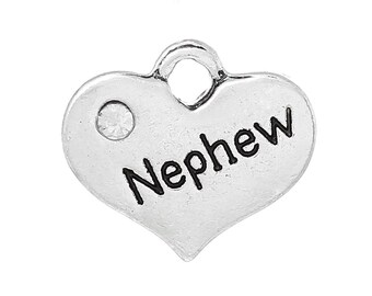1 or 2 or 4 pcs. Antique Silver "Nephew" charm with rhinestone - 16mm X 14mm