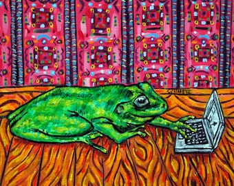 TILE- frog art,tile,coaster,gift.modern folk art,working on a laptop ,frog tile,coaster, gift