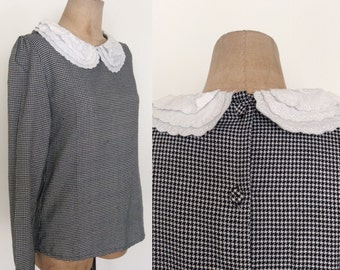 1980's B&W Houndstooth Top w/ Triple Collar Button Up Back Size Small Medium by Maeberry Vintage
