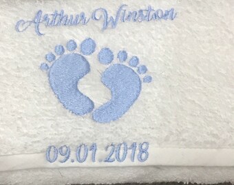 Embroidered personalised hooded baby towel, new born baby feet design just add your own details birth gift/ Baby Shower Gift