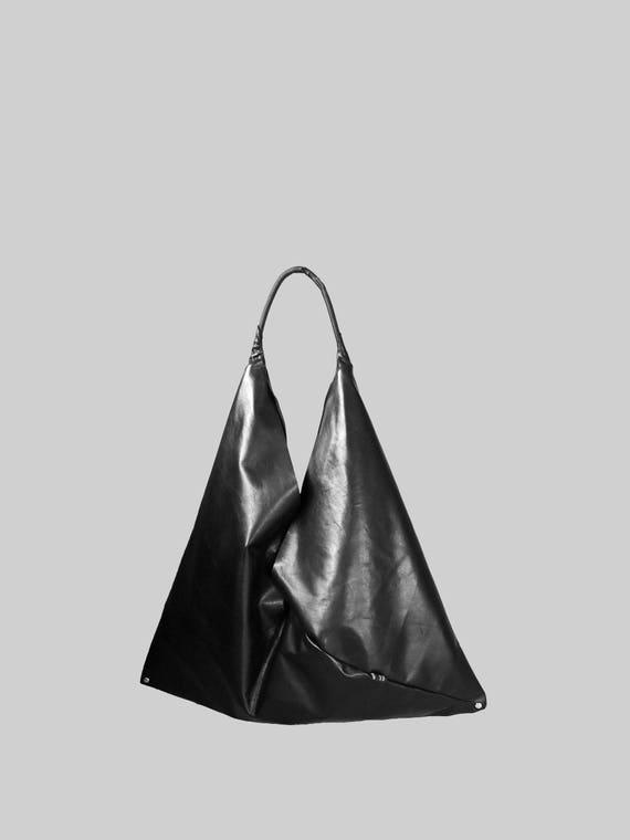 Black Leather Handbag Large Handbag Black Trapeze bag Gift for women