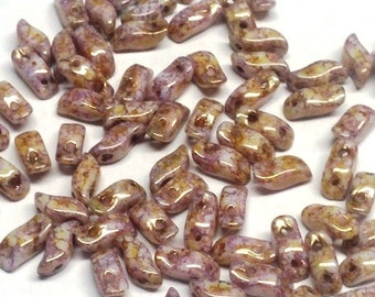 StormDuo White Lila Gold Luster, Czech Glass 2-hole bead 7x3mm 15695, 50 Beads